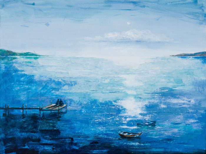 obraz akrylowy na płótnie ręcznie malowany morze łódka pomost pejzaż marta bilecka